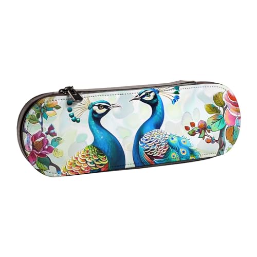 AQRJLPO Schönes Federmäppchen aus Leder mit Pfauenblumen-Aufdruck, vielseitig verwendbar, Reise-Kosmetiktasche, Reißverschluss, Schreibtisch-Aufbewahrungsbox, kompaktes Geschenk für Schule, Büro von AQRJLPO