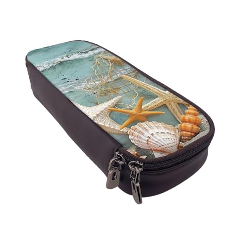 AQRJLPO Seashell Federmäppchen aus Leder mit Strandaufdruck, Kosmetik-Organizer-Tasche mit Reißverschluss, wasserdicht, für Schulbedarf, Reise-Make-up-Tasche, Schreibwaren-Geschenk für Studenten von AQRJLPO