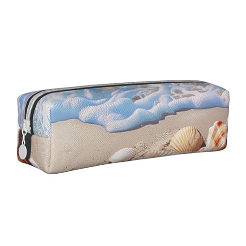 AQRJLPO Shells on the Beach Bedrucktes Leder-Federmäppchen, niedliches Federmäppchen, Stifteetui, Schule, Schreibwaren, Organizer, Make-up-Tasche für Jungen, Mädchen, Studenten, weiß, Einheitsgröße von AQRJLPO