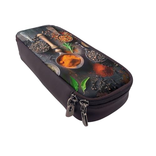 AQRJLPO Spices Prints Leder-Federmäppchen & Kosmetik-Organizer-Tasche mit Reißverschluss, wasserdicht, Schulbedarf, Reise-Make-up-Tasche, Schreibwaren-Geschenk für Studenten, Frauen, Schwarz von AQRJLPO