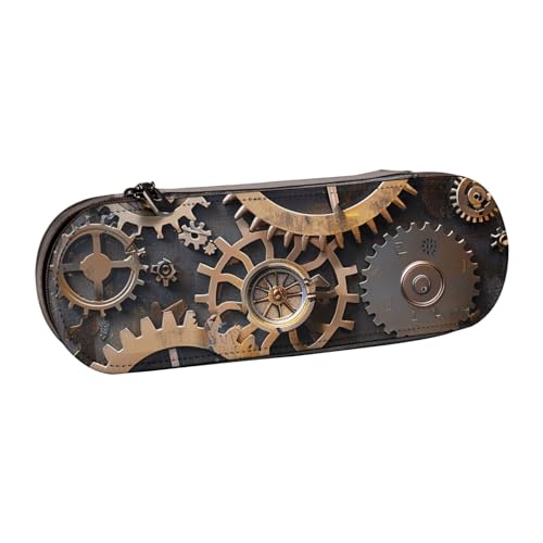 AQRJLPO Steampunk Federmäppchen mit mechanischem Zahnradaufdruck, Leder, vielseitig verwendbar, Reise-Kosmetiktasche, Reißverschluss, Schreibtisch-Aufbewahrungsbox, kompaktes Geschenk für Schule, Büro von AQRJLPO