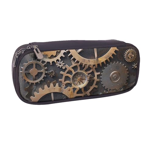 AQRJLPO Steampunk Federmäppchen mit mechanischem Zahnradaufdruck, Leder-Federmäppchen, niedliches Stifteetui, Reise-Make-up-Tasche, Schreibwaren, Geschenk für Studenten, Mädchen, Jungen, Frauen von AQRJLPO