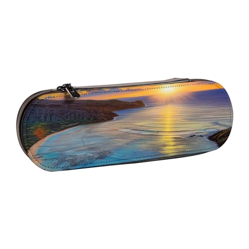 AQRJLPO Sunrise Over Hanauma Bay Oahu Hawaii Print Leder-Federmäppchen Organisieren, Mehrzweck-Reise-Kosmetiktasche, Reißverschluss, Schreibtisch-Aufbewahrungsbox, kompaktes Geschenk für Schule, Büro von AQRJLPO