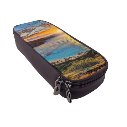 AQRJLPO Sunrise Over Hanauma Bay Oahu Hawaii Prints Leder-Federmäppchen & Kosmetik-Organizer-Tasche mit Reißverschluss – wasserdichte Schulbedarf, Reise-Make-up-Tasche, Schreibwaren-Geschenk für von AQRJLPO