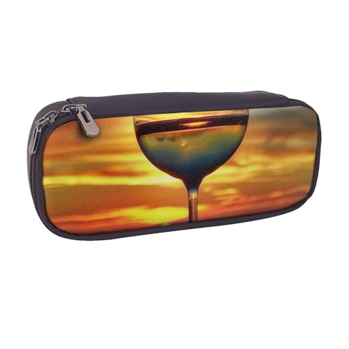 AQRJLPO Sunset Wine Glass Prints Flip Leather Pencil Case Cute Pen Pencil Pouch Pencil Box Travel Makeup Bag Stationery Gift for Students Girls Boys Women, Schwarz , Einheitsgröße, Schulranzen von AQRJLPO