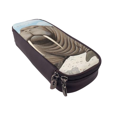 AQRJLPO Walrus Prints Leder-Federmäppchen und Kosmetik-Organizer-Tasche mit Reißverschluss – wasserdichte Schulbedarf, Reise-Make-up-Tasche, Schreibwaren-Geschenk für Studenten, Frauen, Schwarz von AQRJLPO