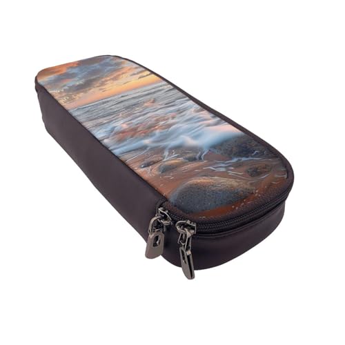 Beach Maui Hawaii Federmäppchen aus Leder mit Sonnenuntergang, Wellen und Wolken, mit Reißverschluss, wasserdicht, Schulbedarf, Reise-Make-up-Tasche, Schreibwaren-Geschenk für Studenten, Frauen von AQRJLPO