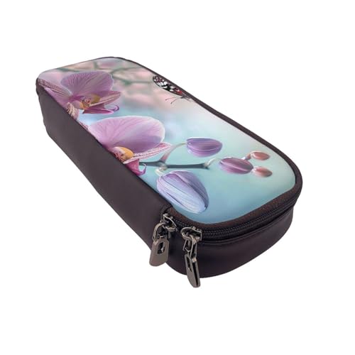 Federmäppchen und Kosmetiktasche mit Reißverschluss, Motiv: Orchidee, Blume, Schmetterling, weich, frühlingshaft, aus Leder, wasserdicht, für Schule, Reisen, Make-up-Tasche, Schreibwaren-Geschenk für von AQRJLPO