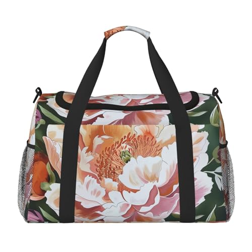 Pfirsichfarbene Reisetasche mit Pfingstrosen-Motiv, für Männer und Frauen, Wochenend-Reise-Organizer für Sport, Outdoor, Fitnessstudio und Angeln, Schwarz , Einheitsgröße, Reisetasche Pfirsichfarbene Reisetasche mit Pfingstrosen-Motiv, für Männer und Frauen, Wochenend-Reise-Organizer für Sport, Outdoor, Fitnessstudio und Angeln, Schwarz , Einheitsgröße, Reisetasche von AQRJLPO