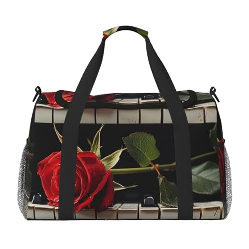 Reisetasche mit roter Rose auf Klavierdruck, für Männer und Frauen, Wochenend-Reise-Organizer für Sport, Outdoor, Fitnessstudio und Angeln, Schwarz , Einheitsgröße, Reisetasche Reisetasche mit roter Rose auf Klavierdruck, für Männer und Frauen, Wochenend-Reise-Organizer für Sport, Outdoor, Fitnessstudio und Angeln, Schwarz , Einheitsgröße, Reisetasche von AQRJLPO
