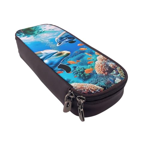 Schönes Federmäppchen aus Leder mit Delfinen und Korallendrucken, Kosmetik-Organizer-Tasche mit Reißverschluss, wasserdicht, für Schulbedarf, Reise-Make-up-Tasche, Schreibwaren-Geschenk für Studenten von AQRJLPO