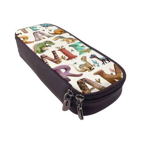 Stilvolle Alphabete mit Dinosaurier-Aufdruck, Leder-Federmäppchen und Kosmetik-Organizer-Tasche mit Reißverschluss, wasserdicht, Schulbedarf, Reise-Make-up-Tasche, Schreibwaren-Geschenk für Studenten von AQRJLPO