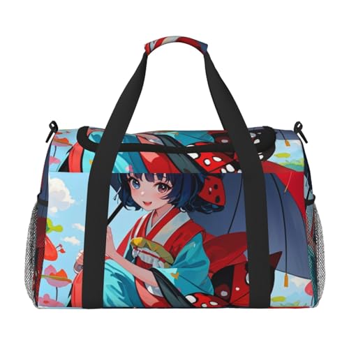 Funny Ladybug Holding Umbrellas Print Travel Duffel Bag for Men & Women, Foldable Travel Bags and Spacious Weekender Tote Bag for Storage Toiletry Luggage Personal Item, Black, L, Schwarz , L von AQRMNBV