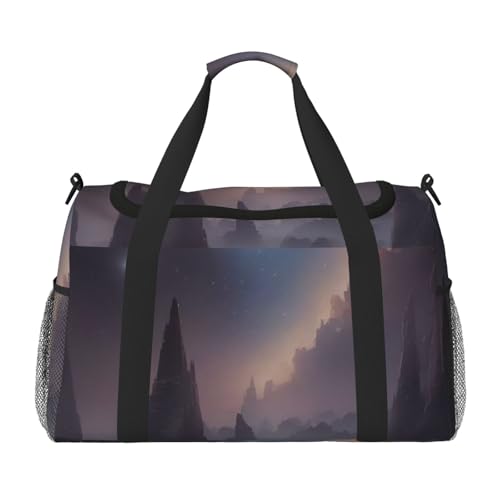 Mysterious Stars and Mountain Print Travel Duffel Bag for Men & Women, Foldable Travel Bags and Spacious Weekender Tote Bag for Storage Toiletry Luggage Personal Item, Black, L, Schwarz , L von AQRMNBV