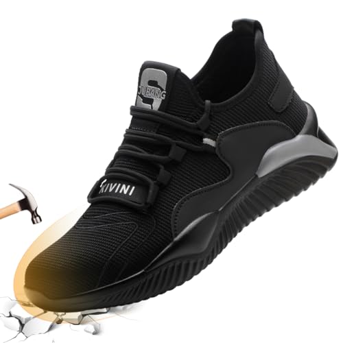 AQTDUAJ Arbeitsschuhe Herren 44 Sicherheitsschuhe Damen mit Stahlkappe Schutzschuhe S1 Sommer Atmungsaktiv rutschfeste Turnschuhe Schwarz Grau von AQTDUAJ
