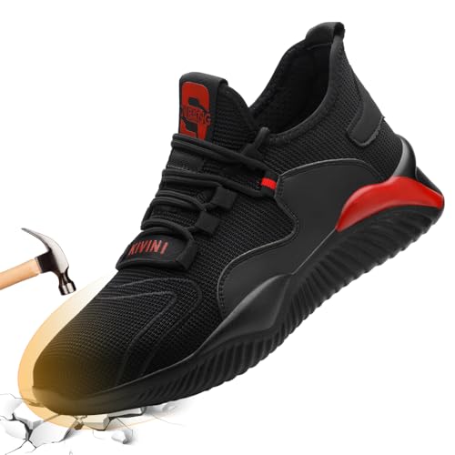 AQTDUAJ Arbeitsschuhe Herren 44 Sicherheitsschuhe Damen mit Stahlkappe Schutzschuhe S1 Sommer Atmungsaktiv rutschfeste Turnschuhe Schwarz Rot von AQTDUAJ