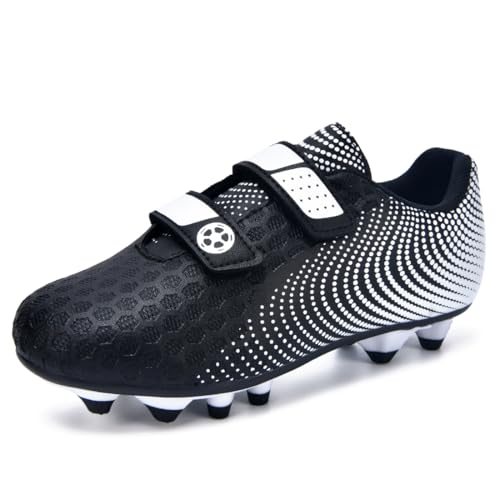 AQTDUAJ Fussballschuhe 34 Jungen Fussballschuhe Multinocken Kinder Mädchen Stollenschuhe Professionelle Soccer Trainingsschuhe rutschfest Outdoor Klettverschluss Sneaker Schwarz-Weiß von AQTDUAJ