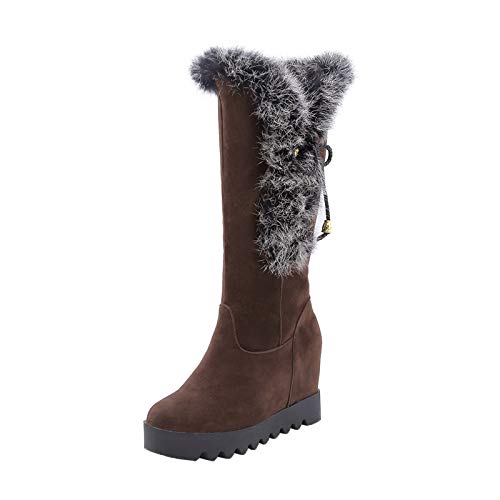 AQTEC Damen Kniehohe Stiefel Wildleder Plateau Keil mit hohen Absätzen Lange Stiefel Winter Warme Kunstfell Gefüttert Schneestiefel,Braun,39 EU von AQTEC