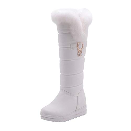 AQTEC Damen Schneestiefel Leder Plateau Keilstiefeletten Lange Stiefeletten Winter Warme Kunstfell Gefüttert Kniehohe Stiefel,Weiß,38 EU von AQTEC