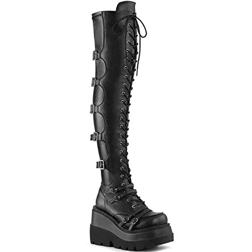 AQTEC Damen Schnürstiefelette Leder Plateau Keil Hohe Overknee Stiefel Schnallen Biker Army Militär Gothic Punk Kampf Lange Stiefel,Schwarz,37 EU von AQTEC