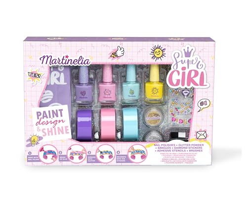 AQUARIUS MARTINELIA SUPER GIRL NAILS & BRACELET SET – Nagellack Set Mädchen, Kinderfreundliches Spielzeug mit Armreifen, Glitzer, Diamant Sticker und Bürsten – Mädchen Beauty und Schminkset von Martinelia