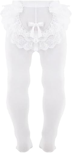 AQUILONE 0-14 Babystrumpfhose aus Baumwollfaser mit Spitze und Schleife - Made in Italy, Weiß, 0-3 Monate von AQUILONE 0-14