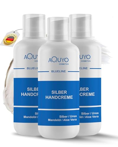 Blueline Silber Handcreme für sehr trockene, raue, rissige und entzündete Hände und Finger, Silbercreme zur Hautpflege bei Juckreiz oder Neurodermitis, Creme mit Aloe Vera & Urea (3x 500ml) von AQUYO Cosmetics