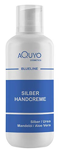 Blueline Silber Handcreme für sehr trockene, raue, rissige und entzündete Hände und Finger (500ml Spender) | Silbercreme zur Hautpflege bei Juckreiz oder Neurodermitis, Creme mit Microsilber, Aloe Vera & Urea von AQUYO Cosmetics