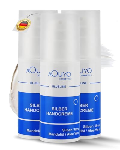 Blueline Silber Handcreme für sehr trockene, raue, rissige und entzündete Hände, Silbercreme zur Hautpflege bei Juckreiz oder Neurodermitis, Creme mit Microsilber, Aloe Vera & Urea (3x 100ml) von AQUYO Cosmetics