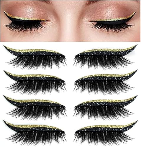 AQYSHU Wimpern Eyeliner Aufkleber,Glitter Eyeliner Aufkleber,8 Stück wiederverwendbare Frauen Mädchen Make-up Glitter Wimpern Aufkleber für Dance Party Make-up Travel Performance (Goldene) von AQYSHU