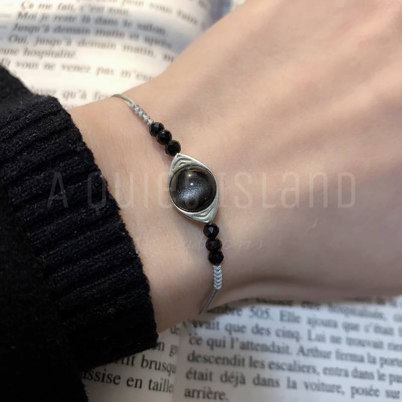 Evil Eye Armband Silber Obsidian Und Facettierter Mini Schwarzer Spinell, Witchy Gothic Steampunk Verstellbares Fußkettchen, Sterling Wasserdicht von AQuietIsland