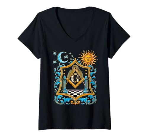 Damen Masonisch_Symbol mit Crescent_Moon & Masonic pols s & c T-Shirt mit V-Ausschnitt Damen Masonisch_Symbol mit Crescent_Moon & Masonic pols s & c T-Shirt mit V-Ausschnitt von AR-masonic