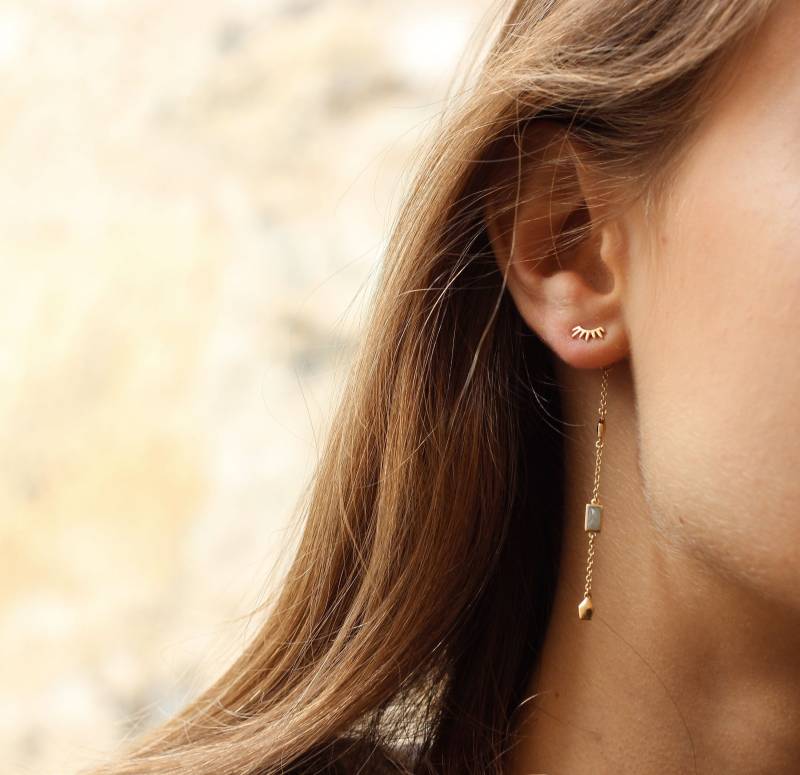 Lange Ohrringe Mit Kette Und Labradoritstein, Lange Natursteinen, Ideal Für Einen Besonderen Abend von ARANJEWELS