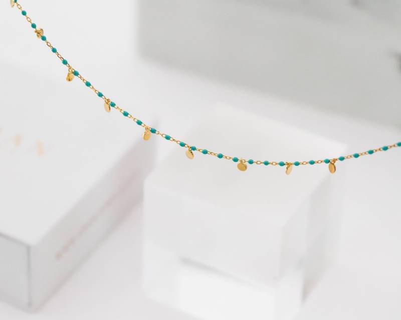 Türkisblaue Emaille-Kugelkette, Silberblaue Steinperlen, Blaue Emaille-Halskette, Emaille-Kugelkette von ARANJEWELS