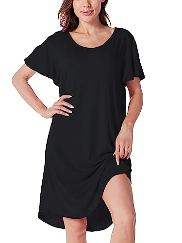 ARCFEETORY Damen Nachthemd Kurzarm Nachtkleid Rundhals Schlafshirt Sommer Sleepshirt Nachtwäsche Kurz Schlafhemd mit Fliegende Ärmel Schwarz L von ARCFEETORY