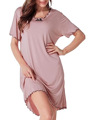 ARCFEETORY Nachthemd Damen Kurzarm Nachtkleid Kurz Nachtwäsche Loose Schlafshirt Rundhals Schlafhemd mit Rüschen (Rosa, XXL) von ARCFEETORY