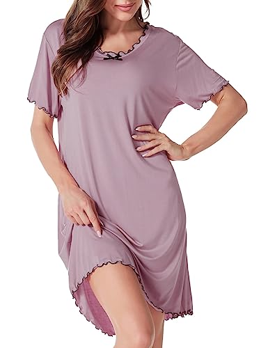 ARCFEETORY Nachthemd Damen Kurzarm Nachtkleid Kurz Nachtwäsche Loose Schlafshirt Rundhals Schlafhemd mit Rüschen Violet M von ARCFEETORY