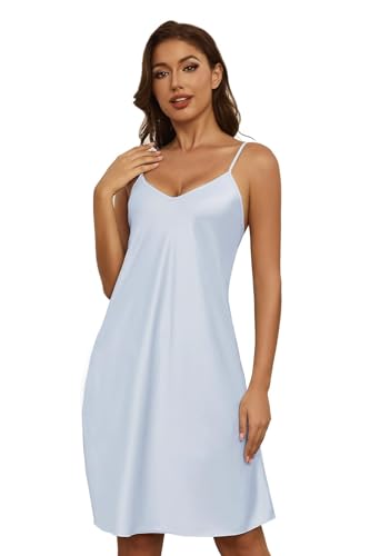 ARCFEETORY Nachthemd Damen Satin Negligee Lingerie Nachtwäsche Nachtkleid mit verstellbaren Spaghettiträger V-Ausschnitt Schlafshirt Hellblau S von ARCFEETORY