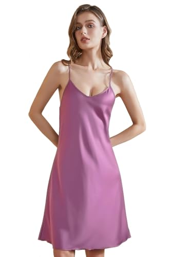 ARCFEETORY Nachthemd Damen Satin Negligee Lingerie Nachtwäsche Nachtkleid mit verstellbaren Spaghettiträger V-Ausschnitt Schlafshirt Lila L von ARCFEETORY