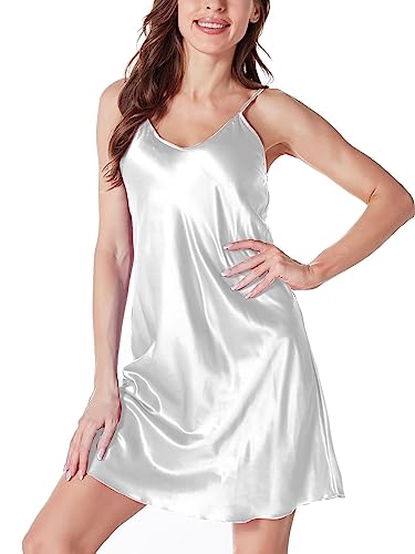 ARCFEETORY Nachthemd Damen Satin Negligee Lingerie Nachtwäsche Nachtkleid mit verstellbaren Spaghettiträger V-Ausschnitt Schlafshirt Weiß XL von ARCFEETORY