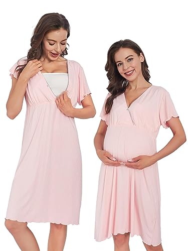 ARCFEETORY Stillnachthemd Damen mit Knopf Kurzarm Umstandsnachthemd Umstands Nachthemd V Ausschnitt Umstandskleid Lockeres Geburtskleid Pink XL von ARCFEETORY