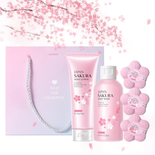 ARCHIDATE Bade Geschenkset Frauen - 5PCS Sakura Badesets Geschenke für Frauen - Spa-Geschenkset für Frauen mit Körperlotion-Duschgel-Badebombe*3 - Beauty Badeset Damen Badebomben Feuchtigkeit Geschenk von ARCHIDATE
