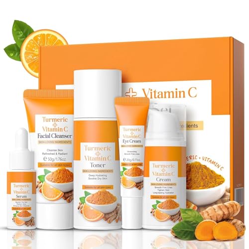 ARCHIDATE Kurkuma Vitamin C Gesichtspflege Set Damen - 5PCS Turmeric Beauty Set Frauen - Geschenkset Teenager Mädchen mit Reiniger-Toner-Serum-Augencreme-Creme - Feuchtigkeit Hautpflegesets (ORANGE) ARCHIDATE Kurkuma Vitamin C Gesichtspflege Set Damen - 5PCS Turmeric Beauty Set Frauen - Geschenkset Teenager Mädchen mit Reiniger-Toner-Serum-Augencreme-Creme - Feuchtigkeit Hautpflegesets (ORANGE) von ARCHIDATE
