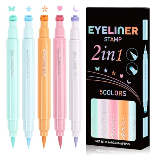 Bunter Eyeliner Stempel Stift 5Er-Set, Wasserfester Eyeliner Stift Mit Zwei Enden, Wischfestes Und Schnell Trocknendes Make Up, Gesichts- Und Augenbemalung Eyeliner Für Partyfeste von ARCHIDATE