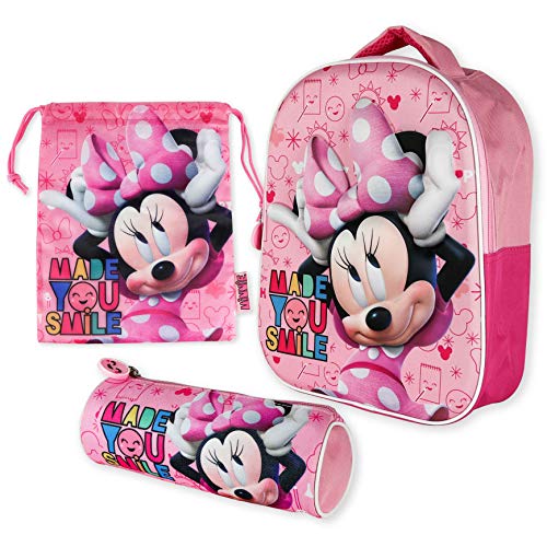 BONNYCO Kindergartenrucksack Jungen 3D, Turnbeutel Kinder und Stiftebox Kinder – Minnie Mouse | Rucksack Kinder für Jungen und Mädchen | Schulmaterial zurück zur Schule mit den Kindern Minnie Mouse von BONNYCO