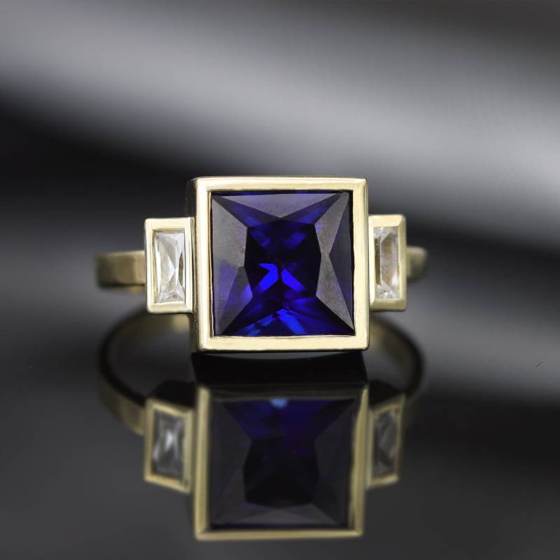Blauer Saphir Goldring - Princess Cut Weiße Saphire Baguette Art Deco Kostenloser Versand von ARDONN