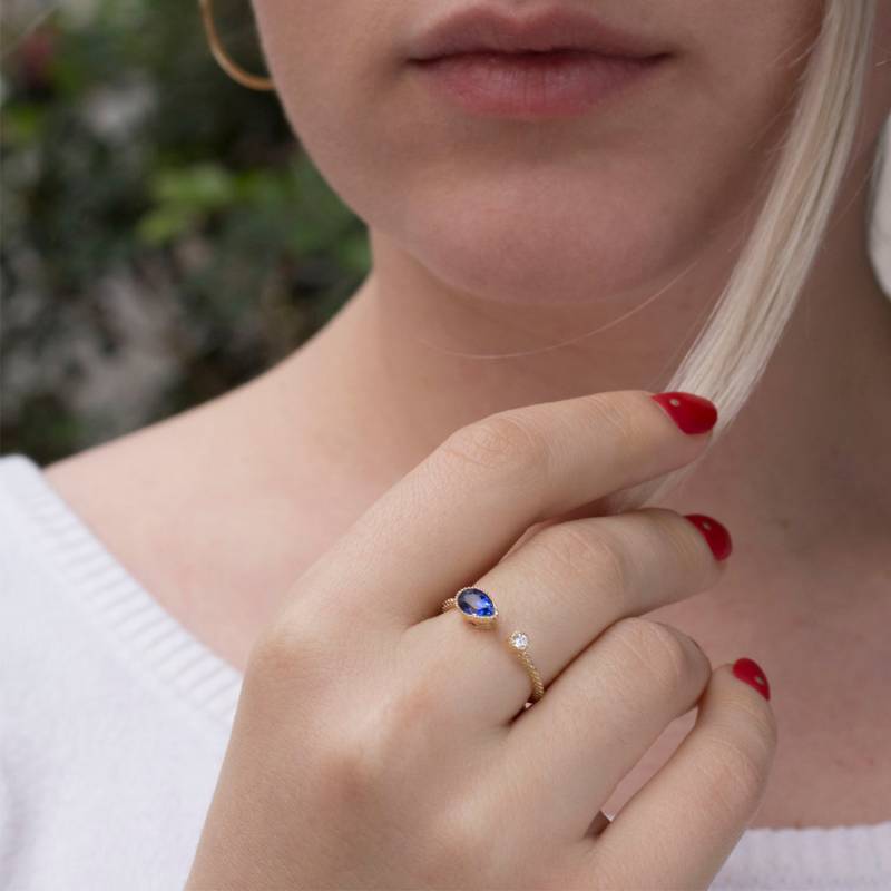 Offener Ring - 0.42 Ctw Blauer Saphir 0.04 Ct Diamant Einstellbar Stapelring -14 Karat Gold Natürlich September Geburtsstein von ARDONN