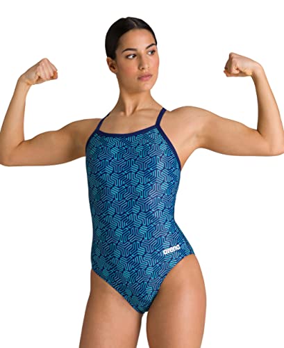 ARENA Kikko Damen-Badeanzug mit leichtem Rückenausschnitt – chlorbeständig, UV-Schutz, stützende dünne Träger, Marineblau/mehrfarbig, 152 von ARENA