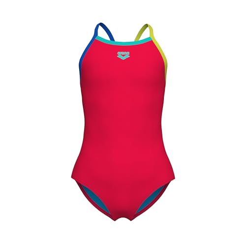 ARENA Mädchen Feel Girls' Light Drop Back Solid Swimsuit Badeanzug, Fluo Red/Blue China/Soft Green, 8 Years von ARENA