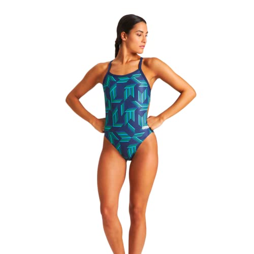 Arena Puzzled Print Damen Challenge Back One Piece Badeanzug für Wettkampf- oder Freizeitschwimmen, Damen-Badeanzug, Marineblau-weich, Grün, mehrfarbig, 40 von ARENA